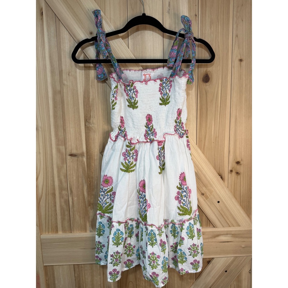 Victoria Dunn Girls 10T Floral Block Print Smocked Tiered Dress Tie Shoulder